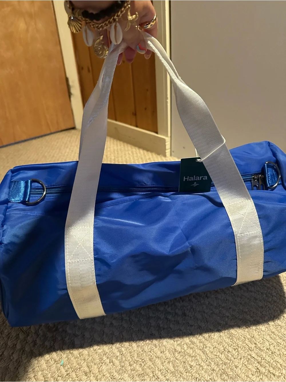 HALARA Blue Gym Duffel Bag with White Straps